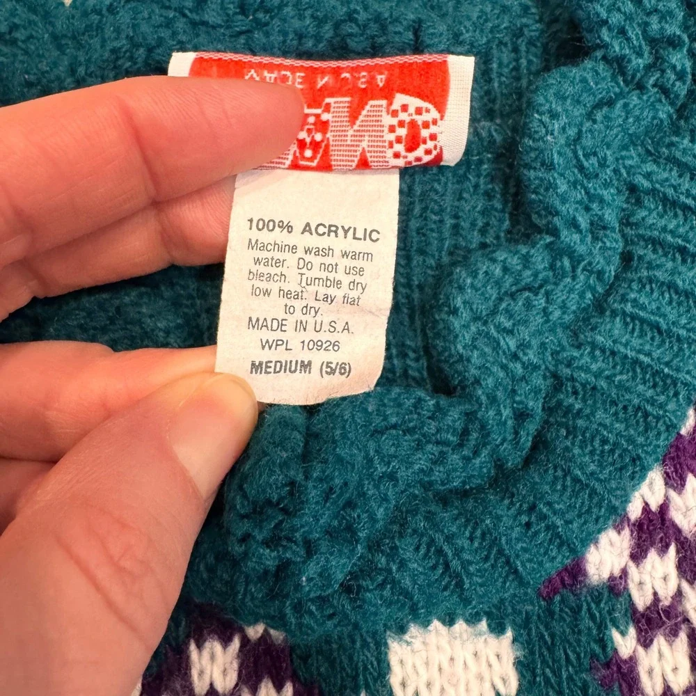 Vintage GRAND‎ Sweater Hearts Flowers Bows Teal Acrylic 5/6 Girls 1990's